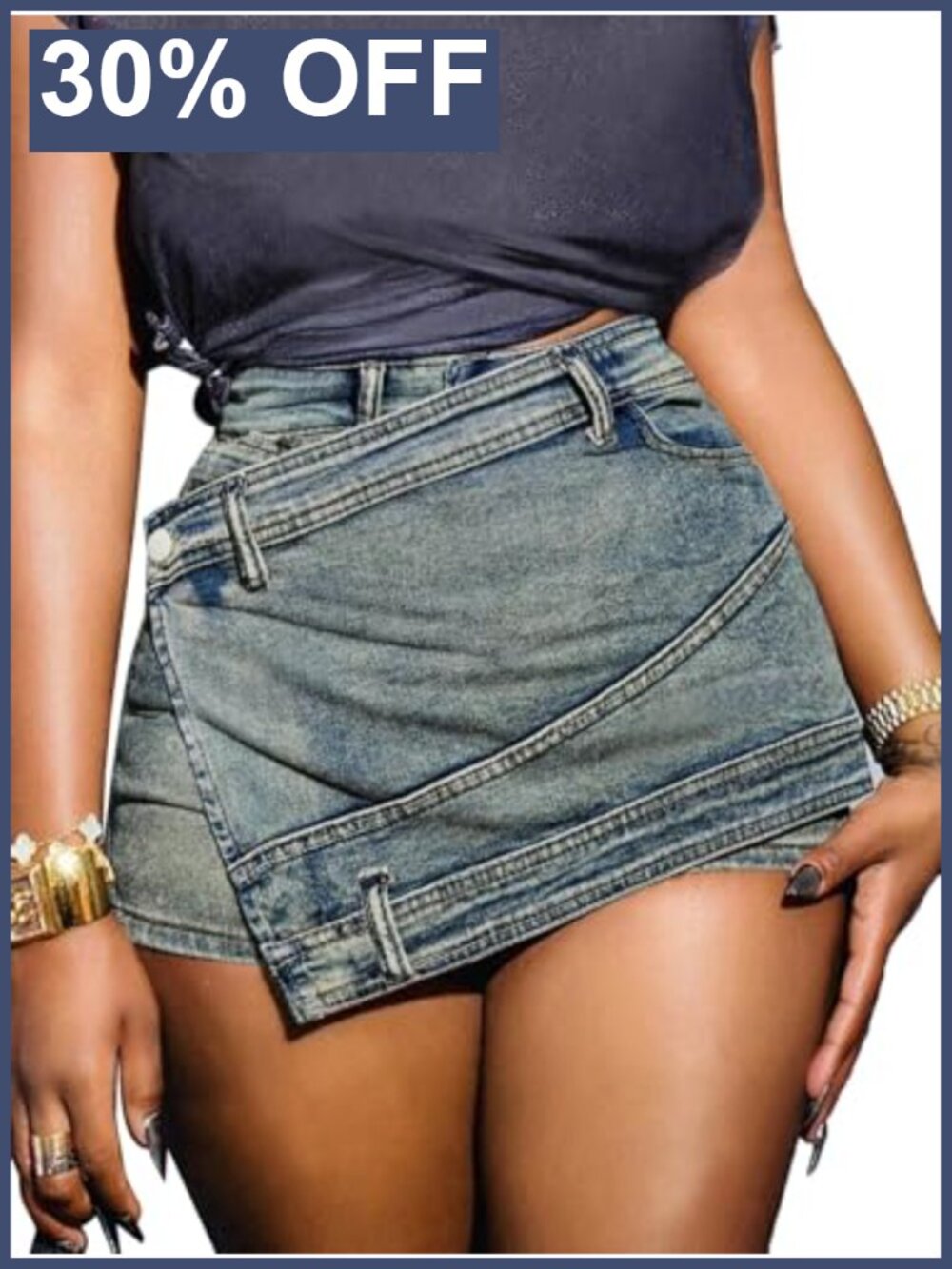 High Waist Denim Skort Asymmetrical Wrap Mini Skirt Stretch